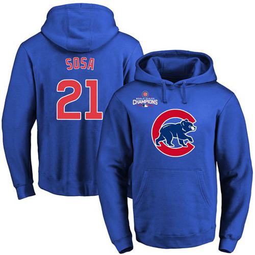 Cubs #21 Sammy Sosa Blue 2016 World Series Champions Primary Logo Pullover MLB Hoodie - Click Image to Close